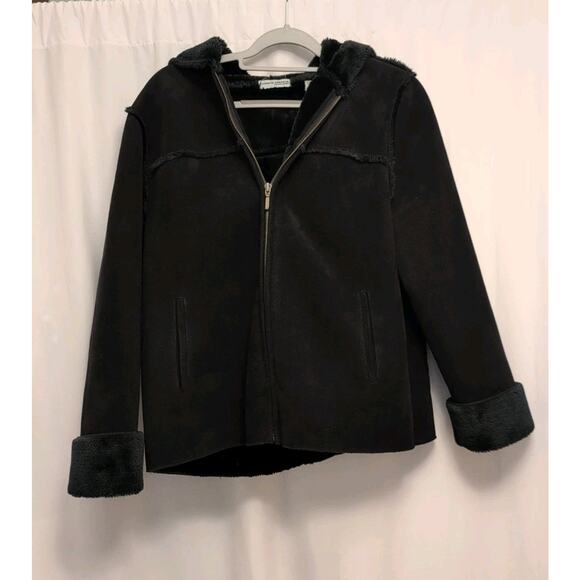 valerie stevens Petite Large Black Coat hood Soft Feel Korea Made fuzzy sleeves - Picture 1 of 10